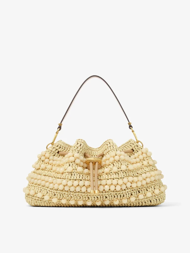 Jimmy Choo Cinch Medium Natural and Cappuccino Beaded Raffia Bucket Bag with Smooth Calf Leather