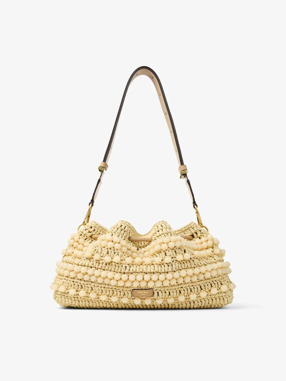 Jimmy Choo Cinch Medium Natural and Cappuccino Beaded Raffia Bucket Bag with Smooth Calf Leather, another view