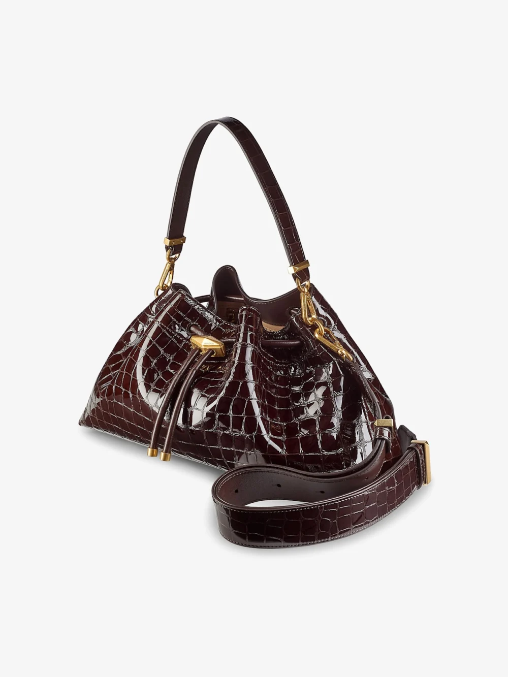 Close-up detail of the Jimmy Choo Cinch Medium Sambuco Croc Embossed Leather Shoulder Bag