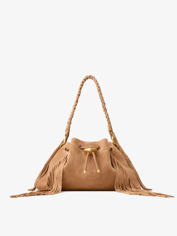 Jimmy Choo Cinch Medium Toffee Suede Shoulder Bag with Fringes