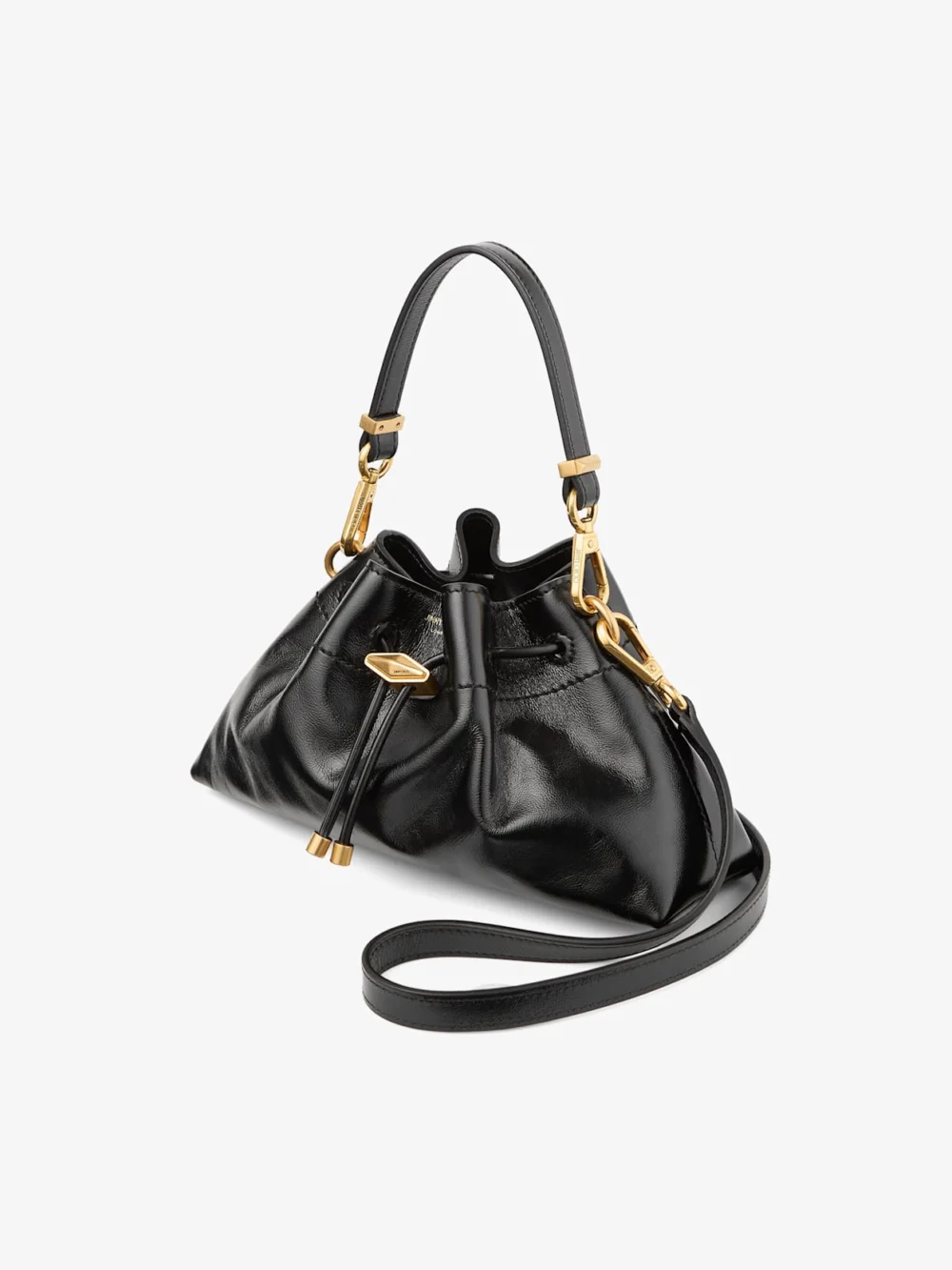 Back view of the Jimmy Choo Cinch Small Black Soft Shiny Biker Leather Shoulder Bag