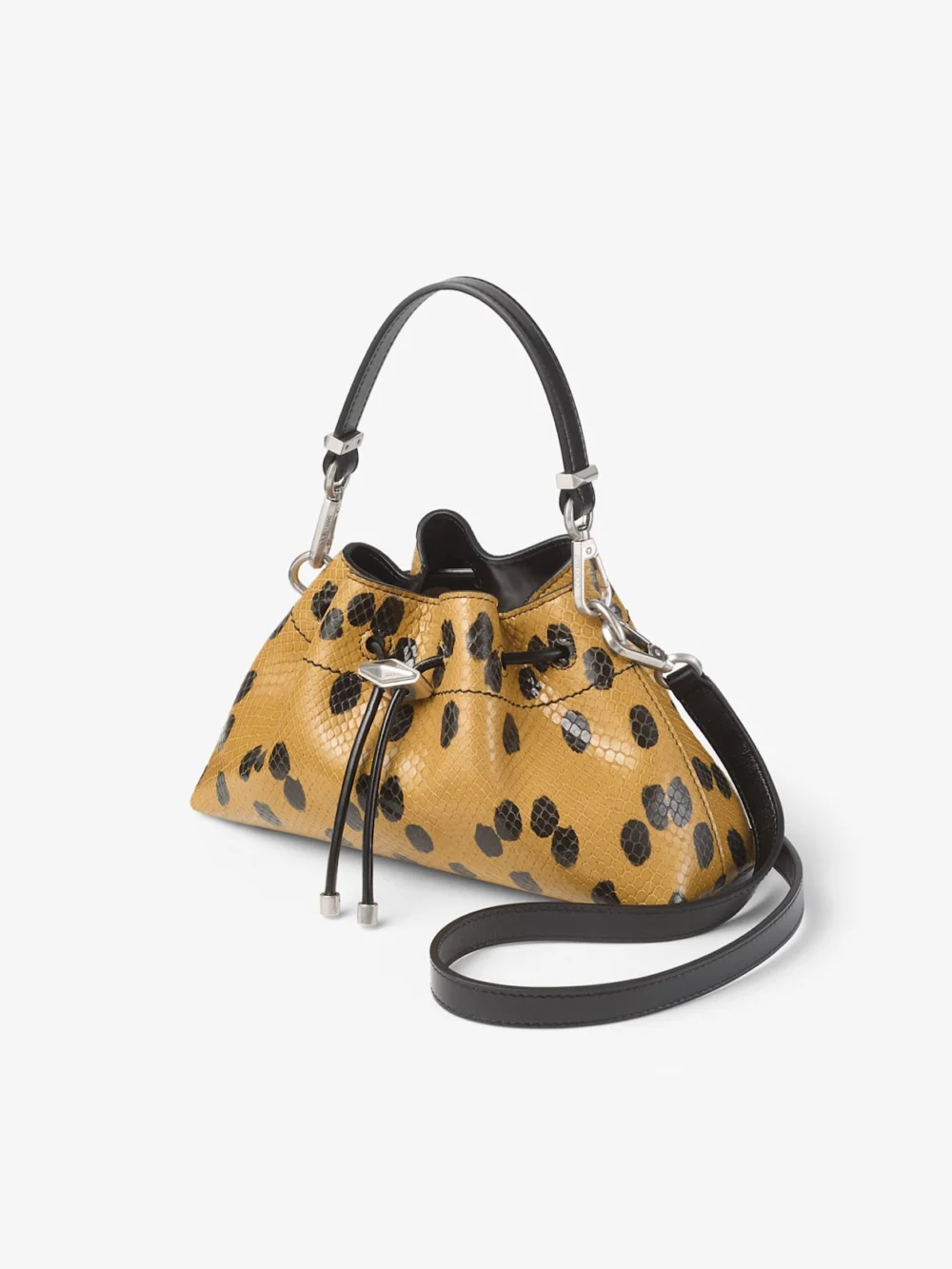 Close-up detail of the Jimmy Choo Cinch Small Cigar and Black Spotted Elaphe Printed Leather Shoulder Bag
