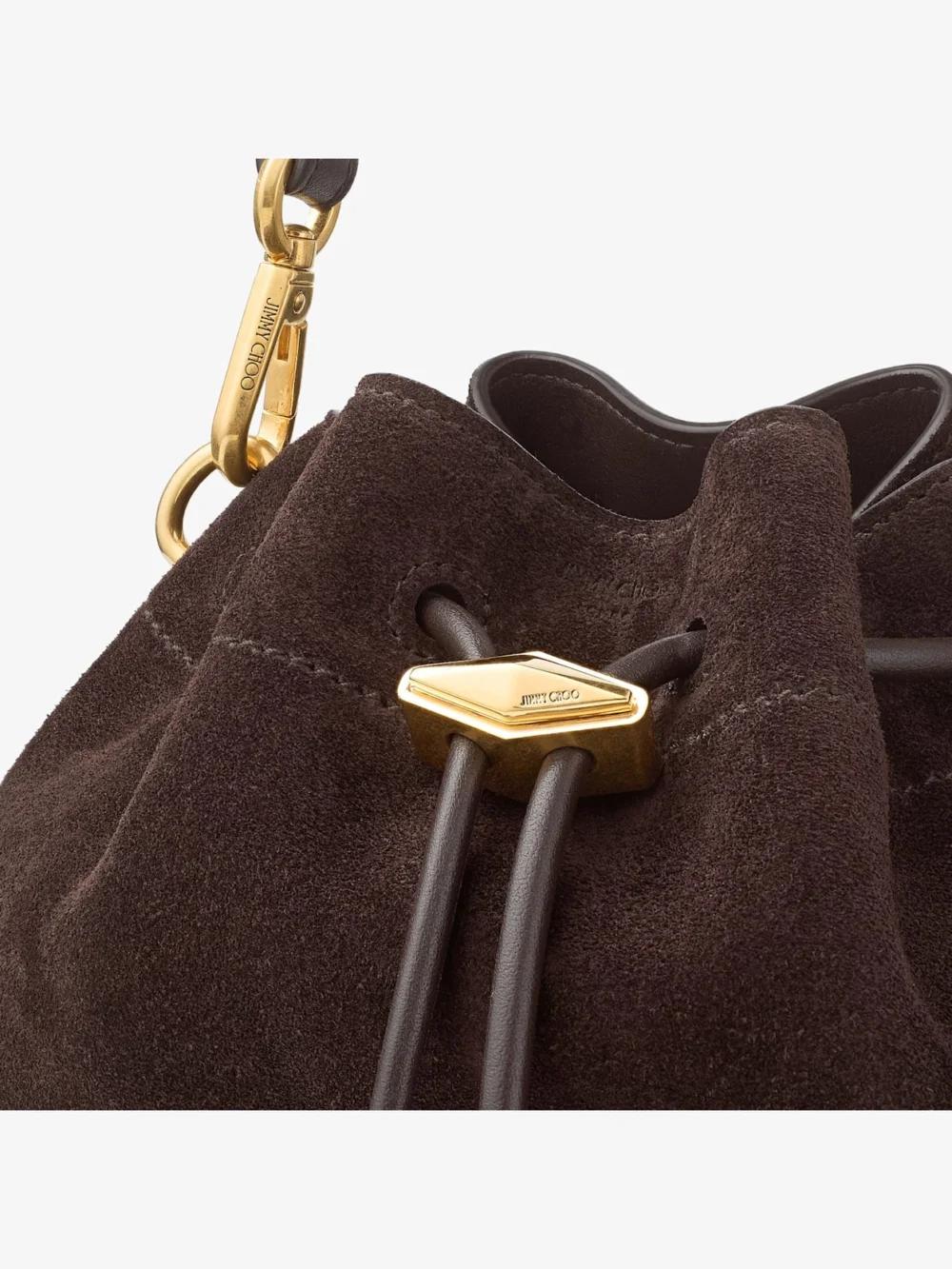 Back view of the Jimmy Choo Cinch Small Coffee Suede Shoulder Bag