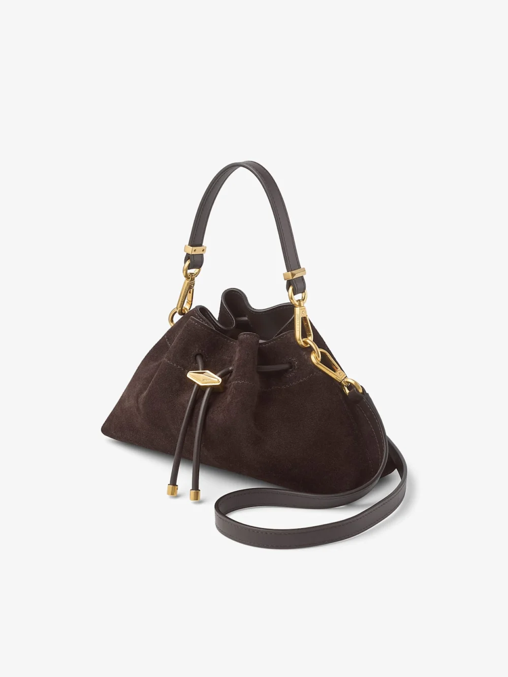 Close-up detail of the Jimmy Choo Cinch Small Coffee Suede Shoulder Bag