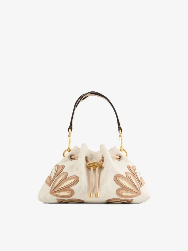 Jimmy Choo Cinch Small Natural and Chai Recycled Canvas Shoulder Bag with Intarsia Appliqué