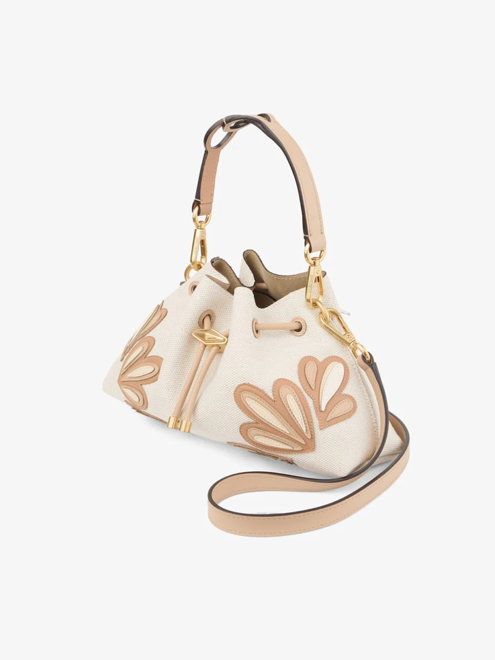 Side view of the Jimmy Choo Cinch Small Natural and Chai Recycled Canvas Shoulder Bag with Intarsia Appliqué