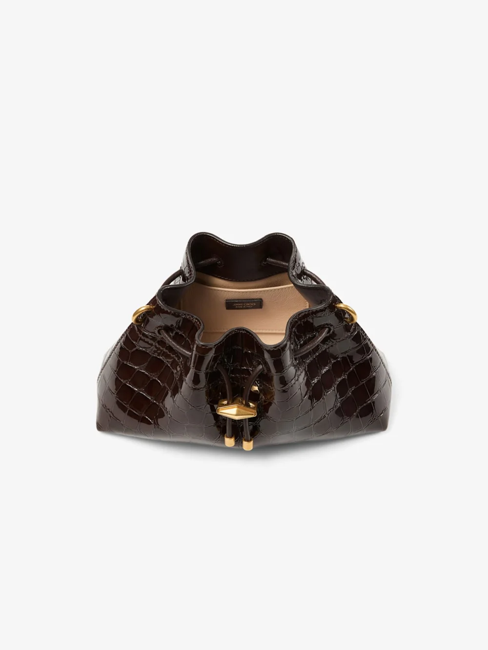 Back view of the Jimmy Choo Cinch Small Sambuco Shiny Croc Embossed Leather Shoulder Bag