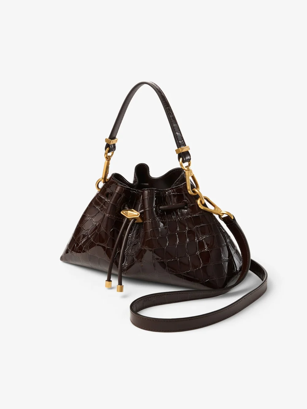 Side view of the Jimmy Choo Cinch Small Sambuco Shiny Croc Embossed Leather Shoulder Bag