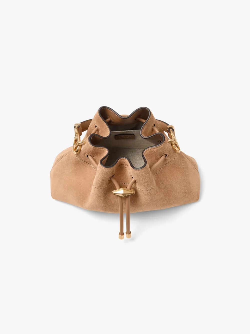 Back view of the Jimmy Choo Cinch Small Toffee Suede Shoulder Bag