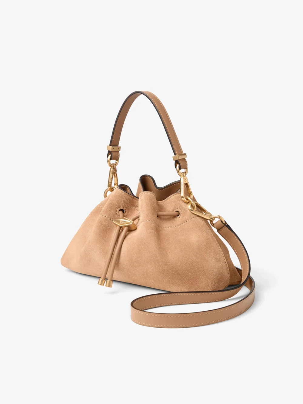 Side view of the Jimmy Choo Cinch Small Toffee Suede Shoulder Bag