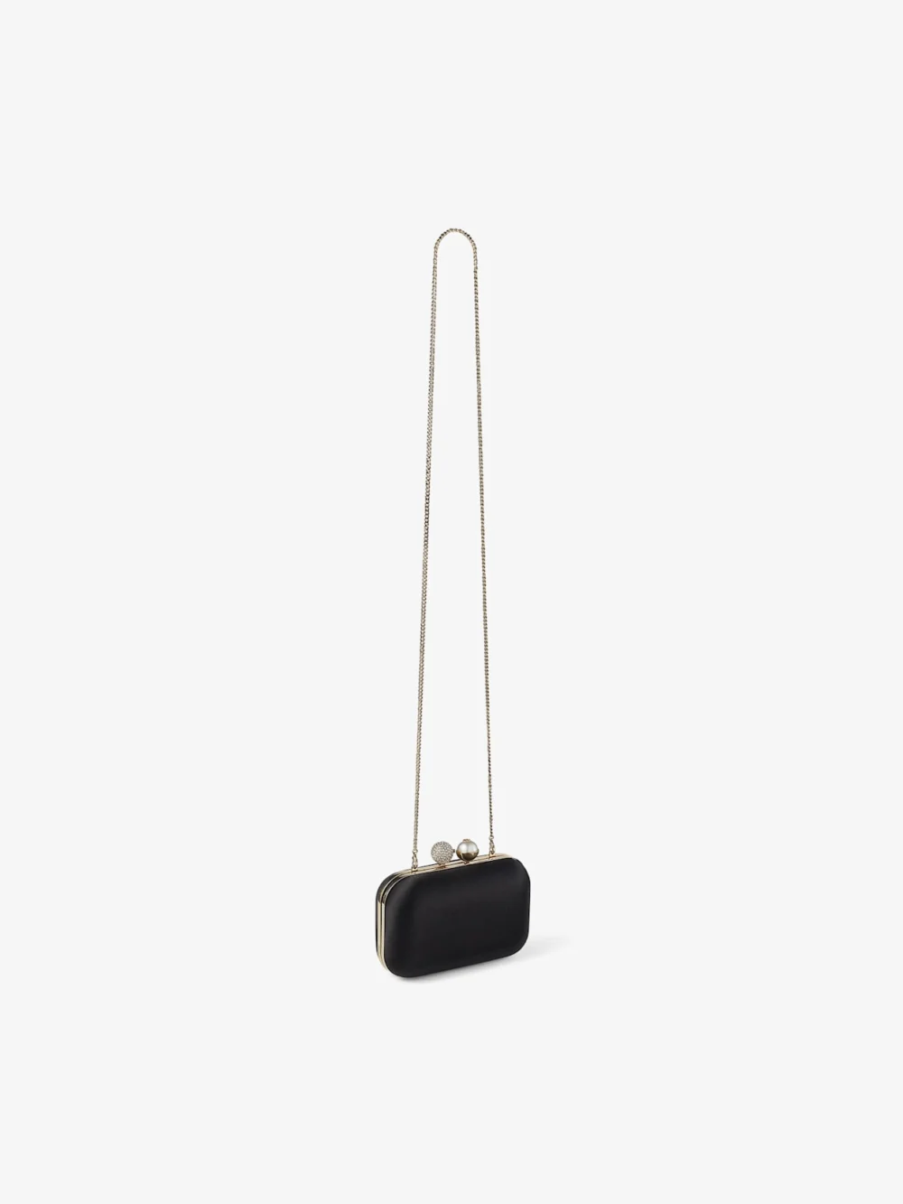 Close-up detail of the Jimmy Choo Cloud Black Satin Clutch Bag with Pearl and Crystal Clasp