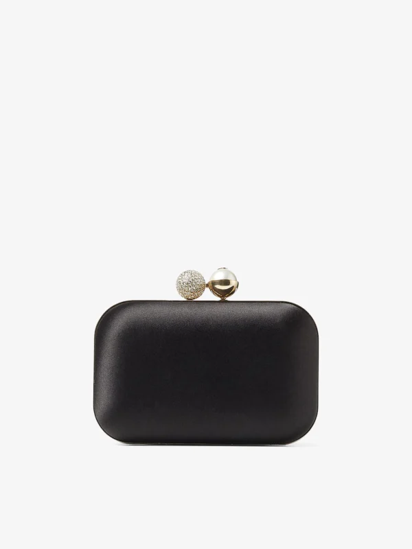 Jimmy Choo Cloud Black Satin Clutch Bag with Pearl and Crystal Clasp