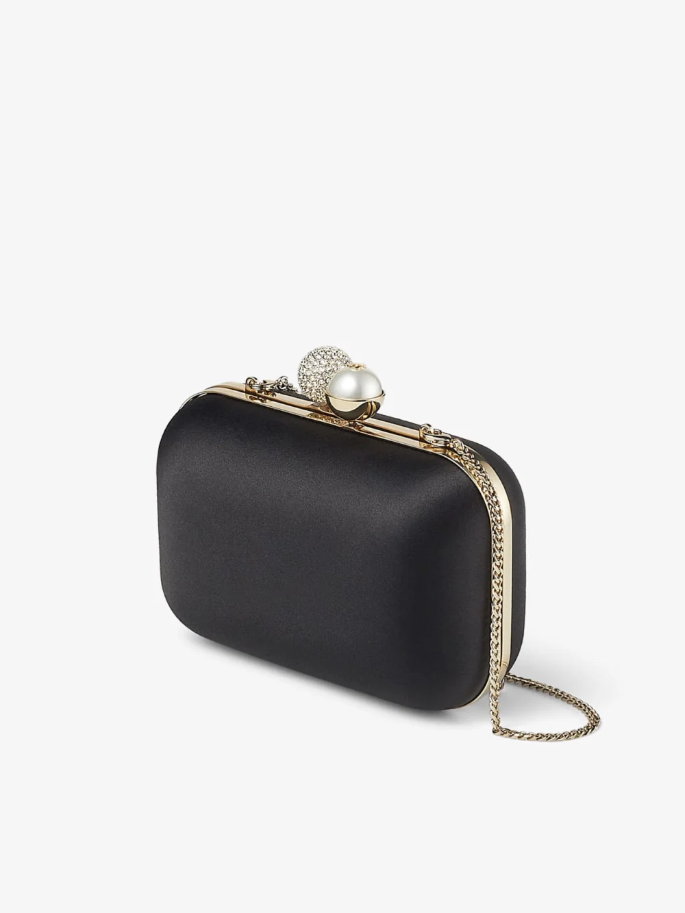 Side view of the Jimmy Choo Cloud Black Satin Clutch Bag with Pearl and Crystal Clasp