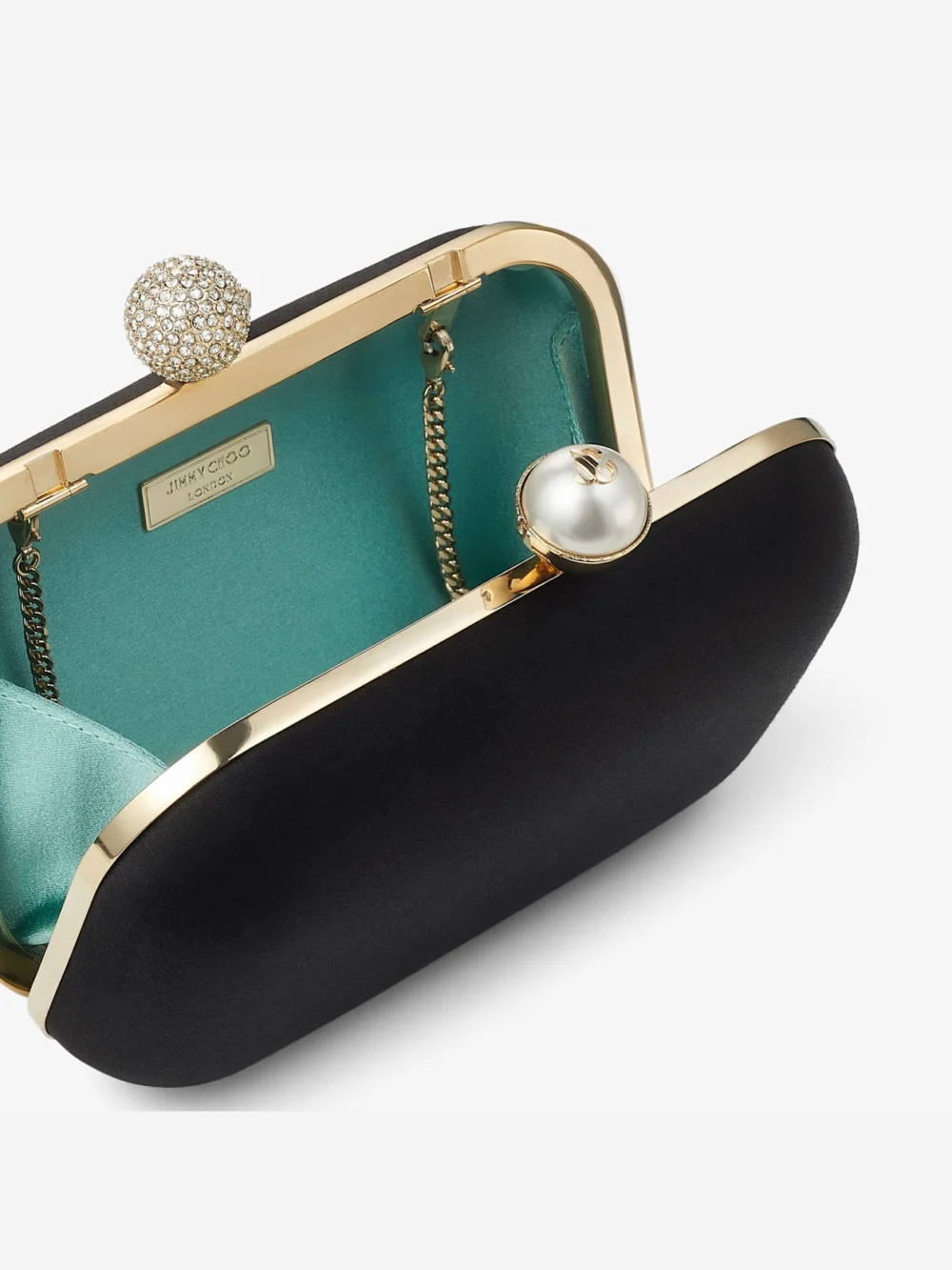 Jimmy Choo Cloud Black Satin Clutch Bag with Pearl and Crystal Clasp, another view