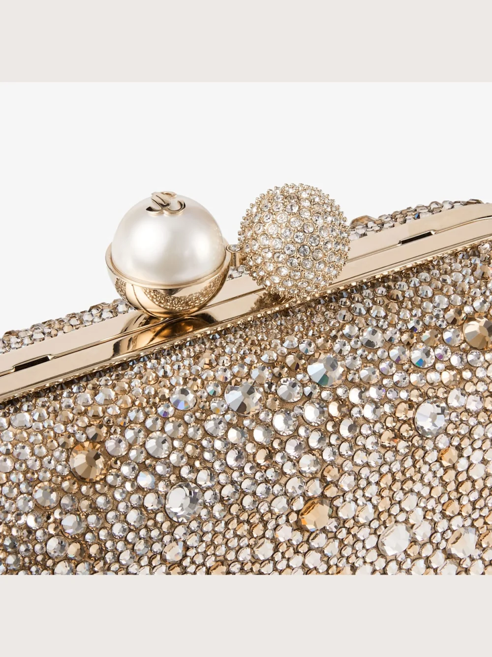 Back view of the Jimmy Choo Cloud Crystal Embellished Satin Clutch Bag with Pearl Sphere Clasp
