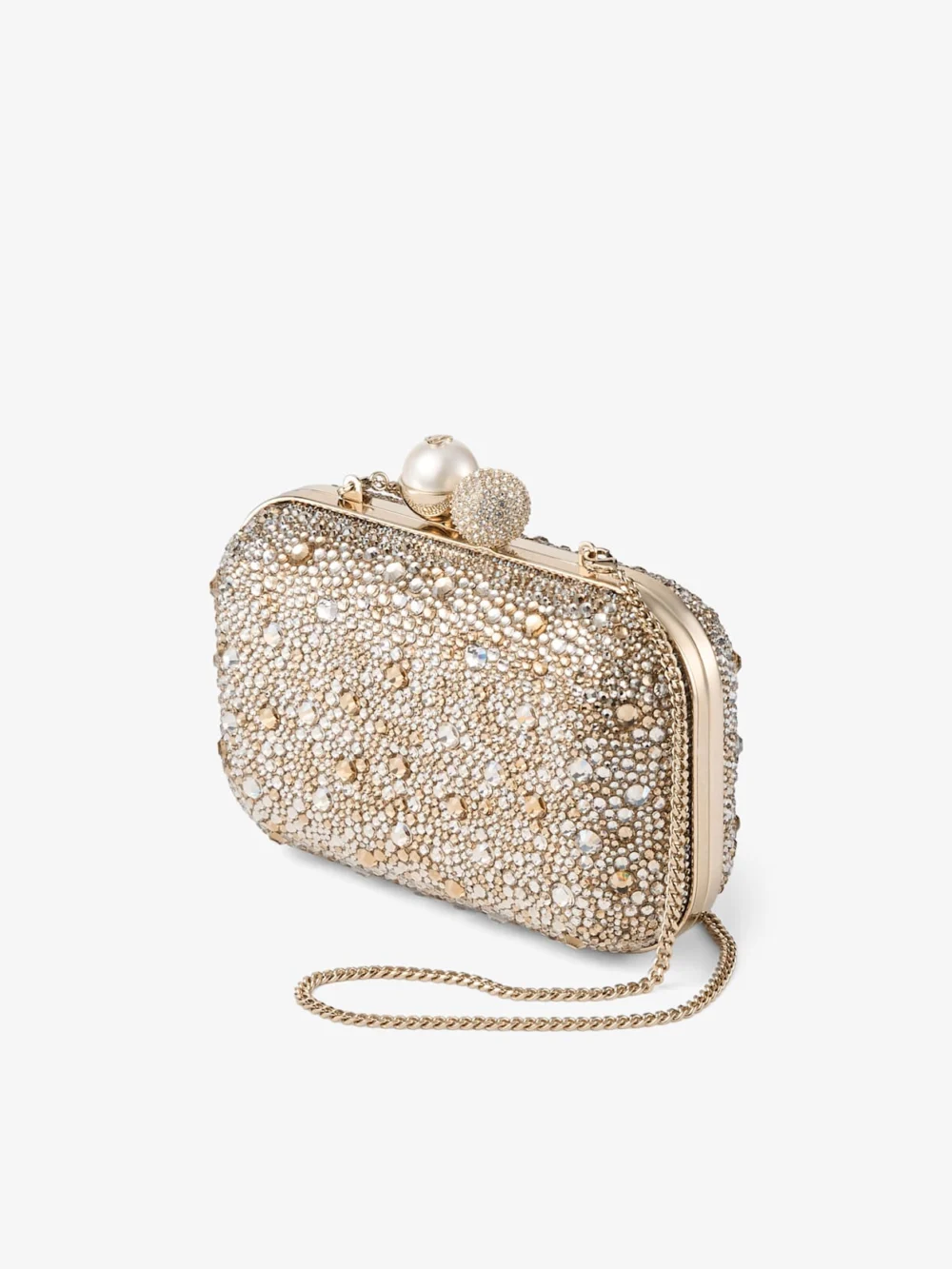 Close-up detail of the Jimmy Choo Cloud Crystal Embellished Satin Clutch Bag with Pearl Sphere Clasp