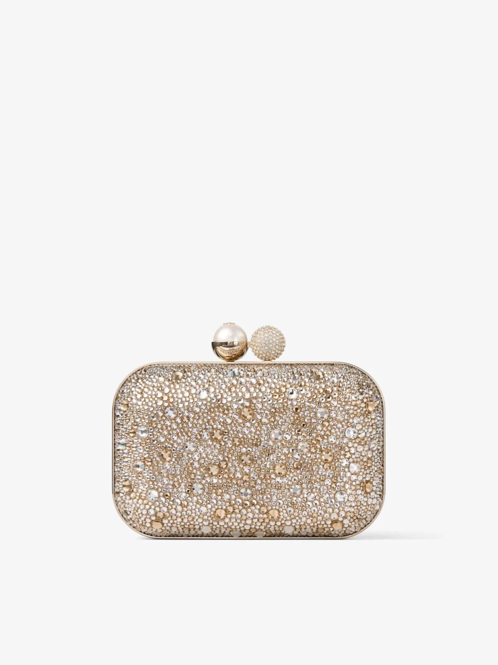Jimmy Choo Cloud Crystal Embellished Satin Clutch Bag with Pearl Sphere Clasp in crystal mix