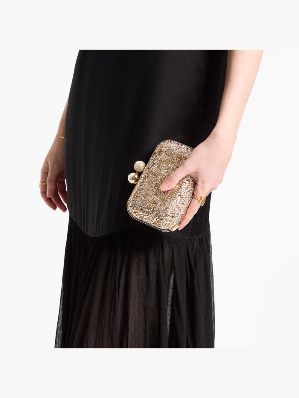 Side view of the Jimmy Choo Cloud Crystal Embellished Satin Clutch Bag with Pearl Sphere Clasp