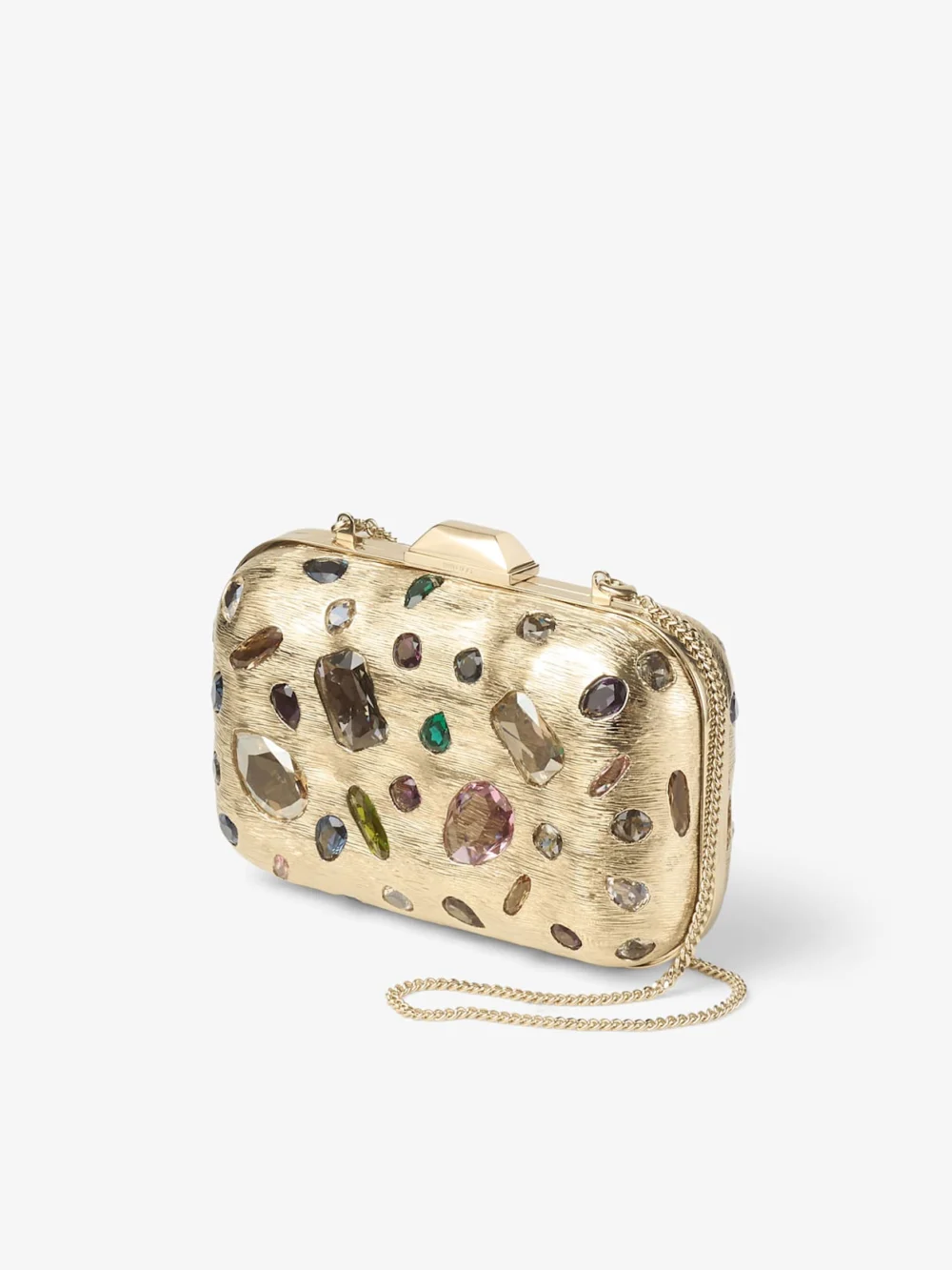 Close-up detail of the Jimmy Choo Cloud Gold and Multi Textured Metal and Crystal Clutch Bag with Cube Clasp