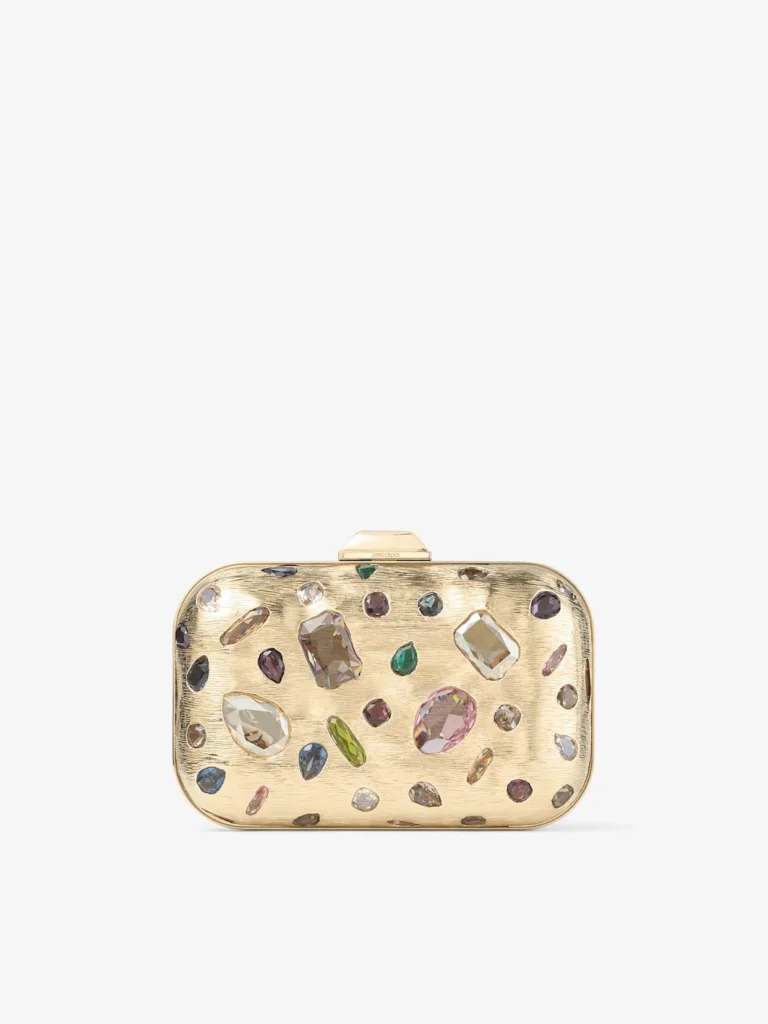 Jimmy Choo Cloud Gold and Multi Textured Metal and Crystal Clutch Bag with Cube Clasp