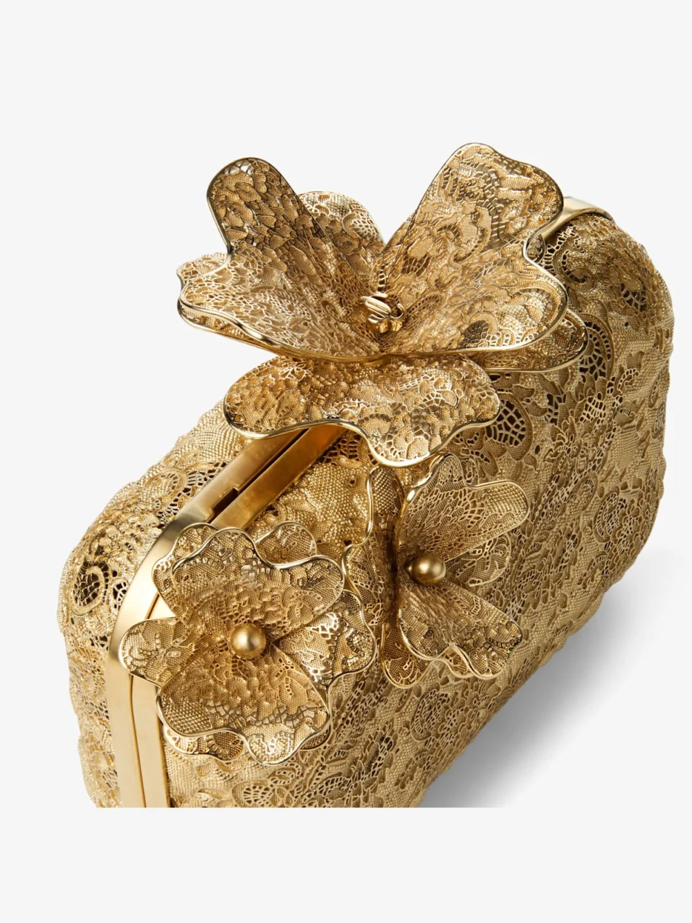 Back view of the Jimmy Choo Cloud Gold Metal Lace Clutch Bag with Corsage Clasp