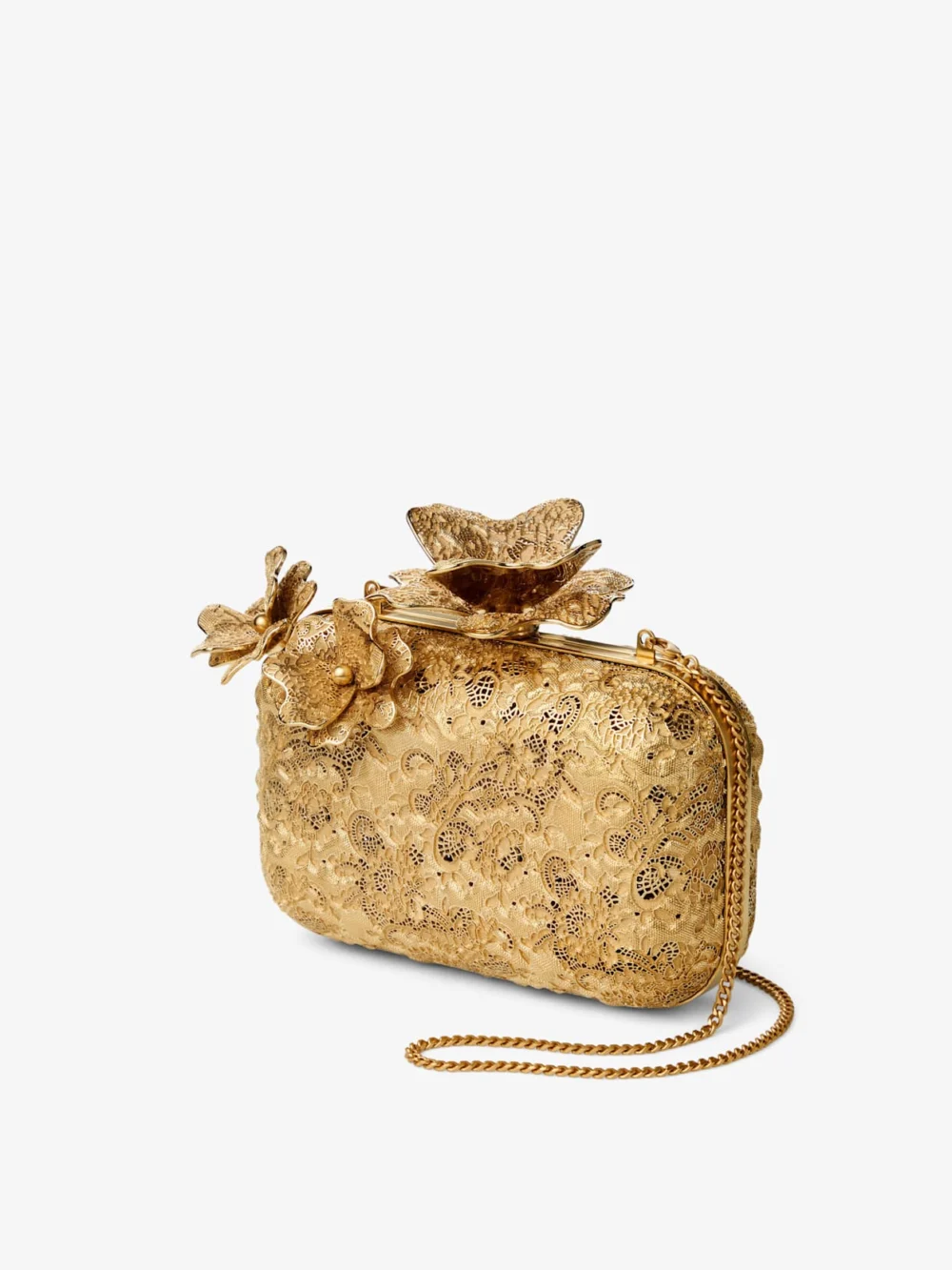 Close-up detail of the Jimmy Choo Cloud Gold Metal Lace Clutch Bag with Corsage Clasp