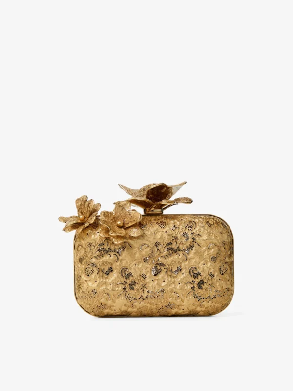 Jimmy Choo Cloud Gold Metal Lace Clutch Bag with Corsage Clasp