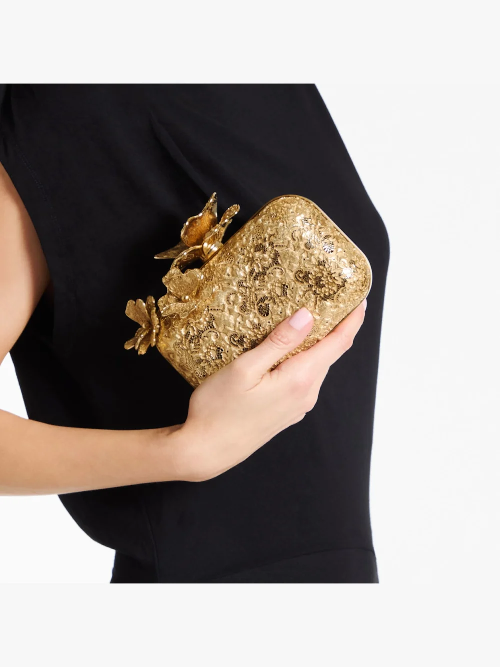 Side view of the Jimmy Choo Cloud Gold Metal Lace Clutch Bag with Corsage Clasp