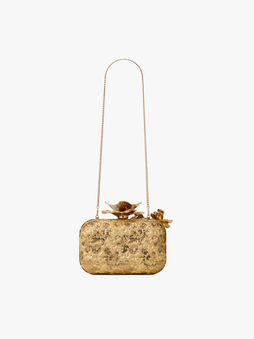 Jimmy Choo Cloud Gold Metal Lace Clutch Bag with Corsage Clasp, another view