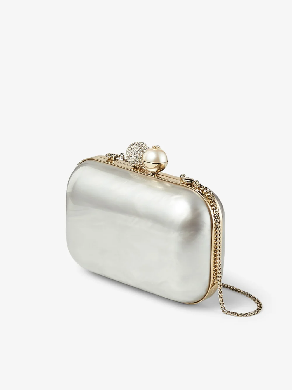 Side view of the Jimmy Choo Cloud Ivory Mother of Pearl Clutch Bag with Crystal Clasp
