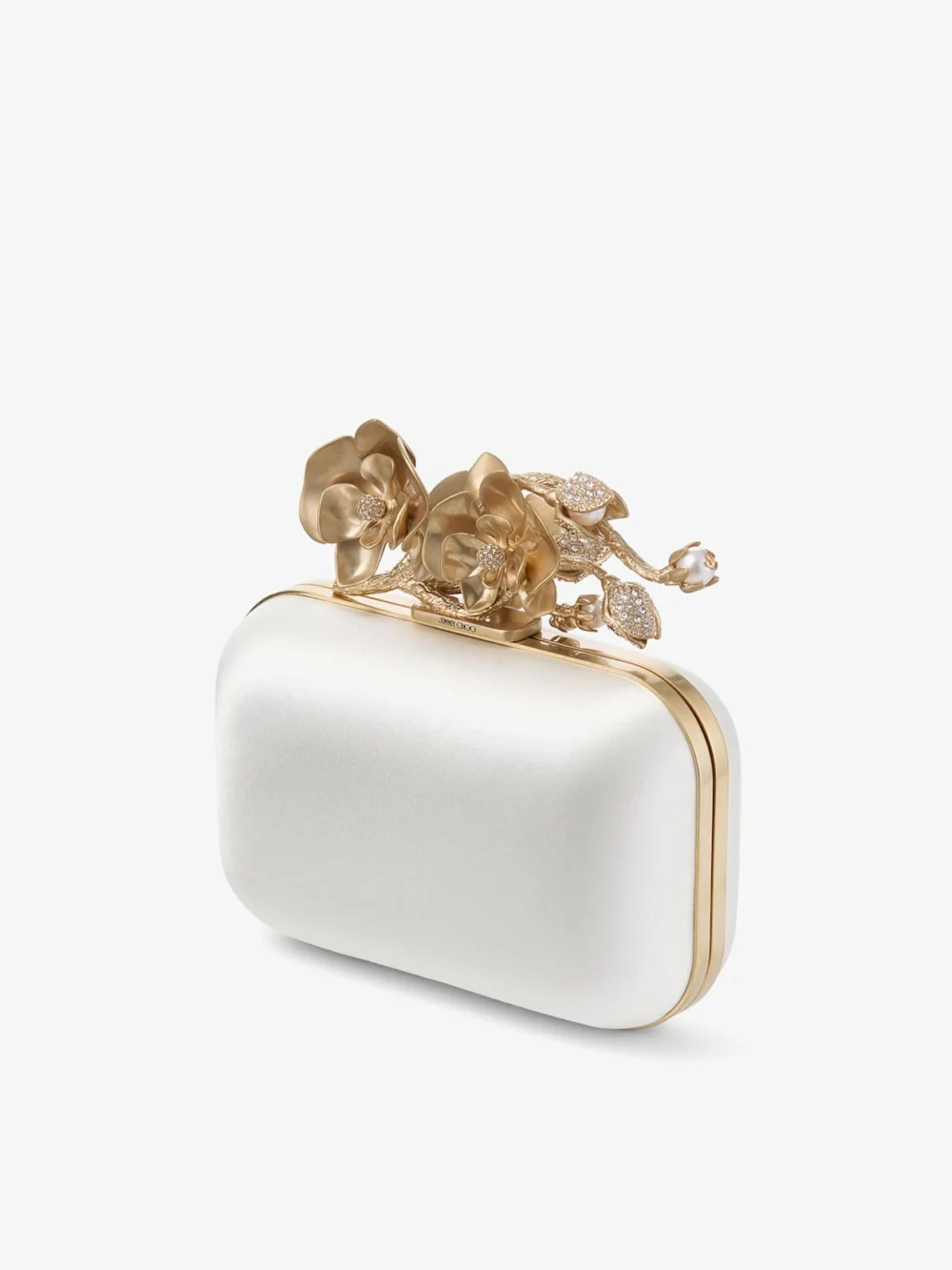Close-up detail of the Jimmy Choo Cloud Ivory Satin Clutch Bag