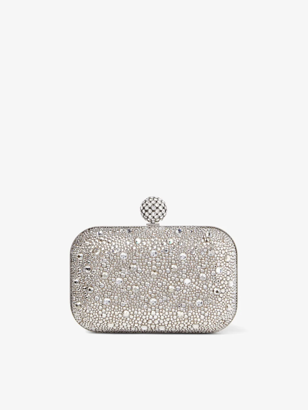 Back view of the Jimmy Choo Cloud Nude Shimmer Suede Clutch Bag with Hotfix and Crystal Encrusted Sphere Clasp