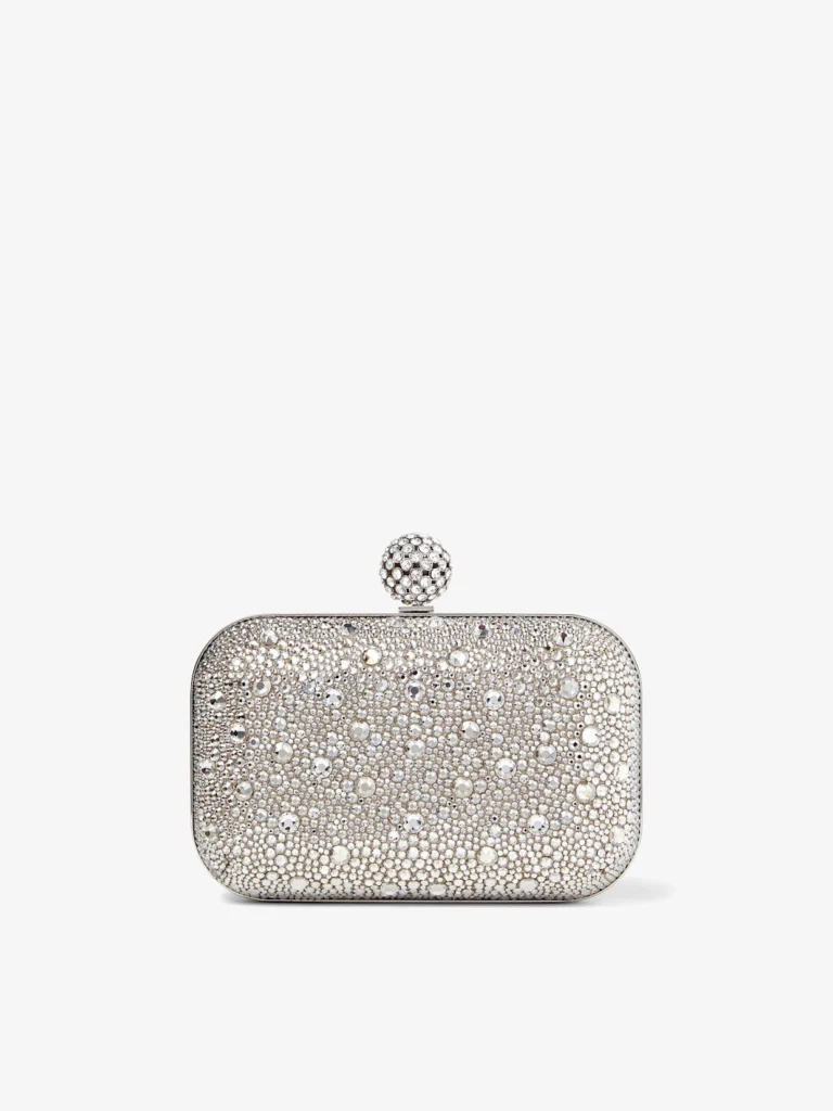 Jimmy Choo Cloud Nude Shimmer Suede Clutch Bag with Hotfix and Crystal Encrusted Sphere Clasp