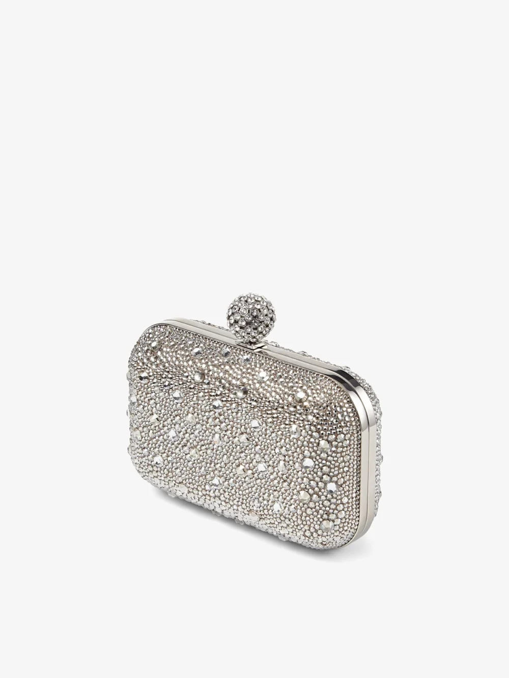 Side view of the Jimmy Choo Cloud Nude Shimmer Suede Clutch Bag with Hotfix and Crystal Encrusted Sphere Clasp