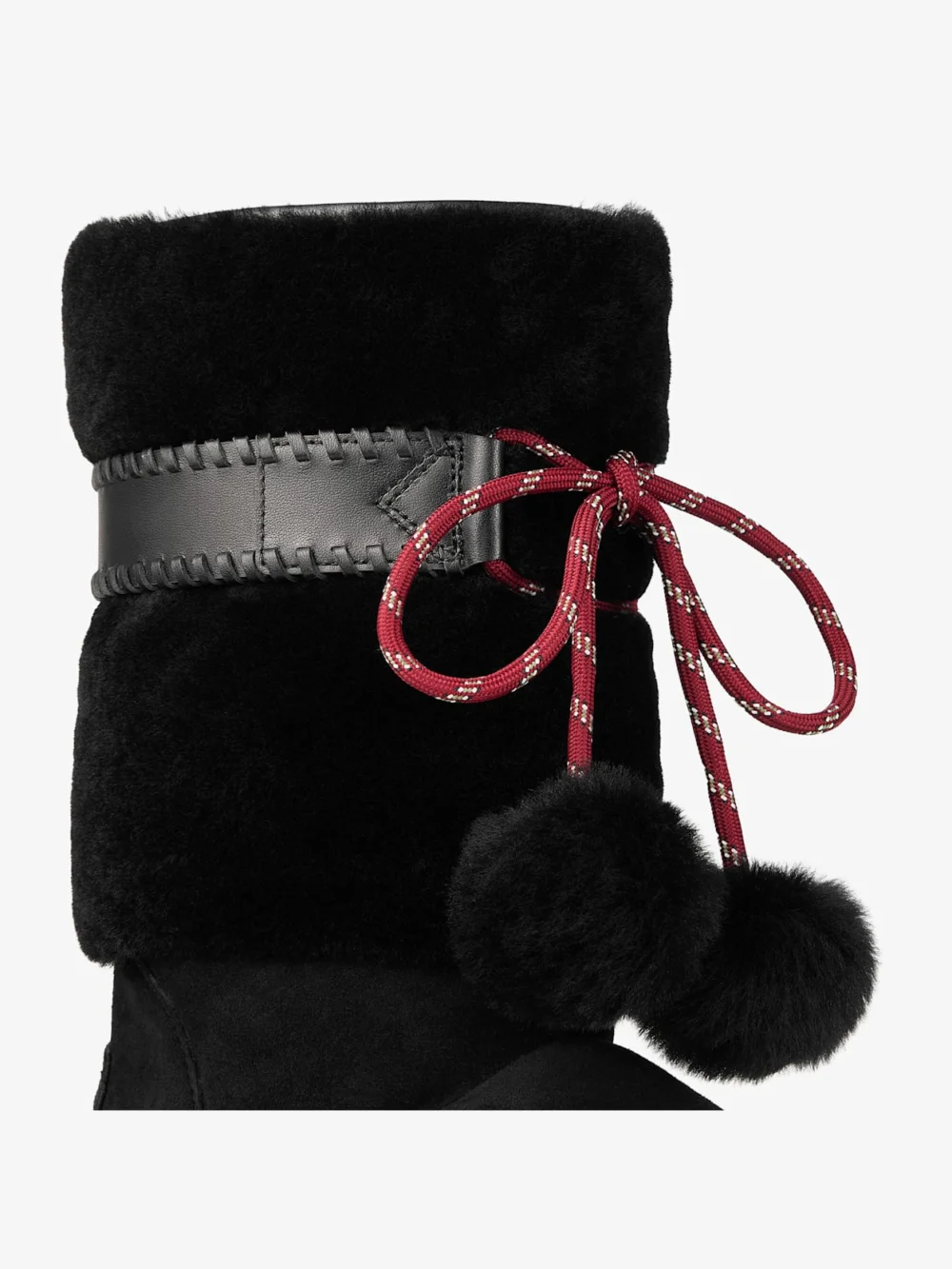 Close-up detail of the Jimmy Choo Cobi Black Suede Mid Boots with Shearling Lining