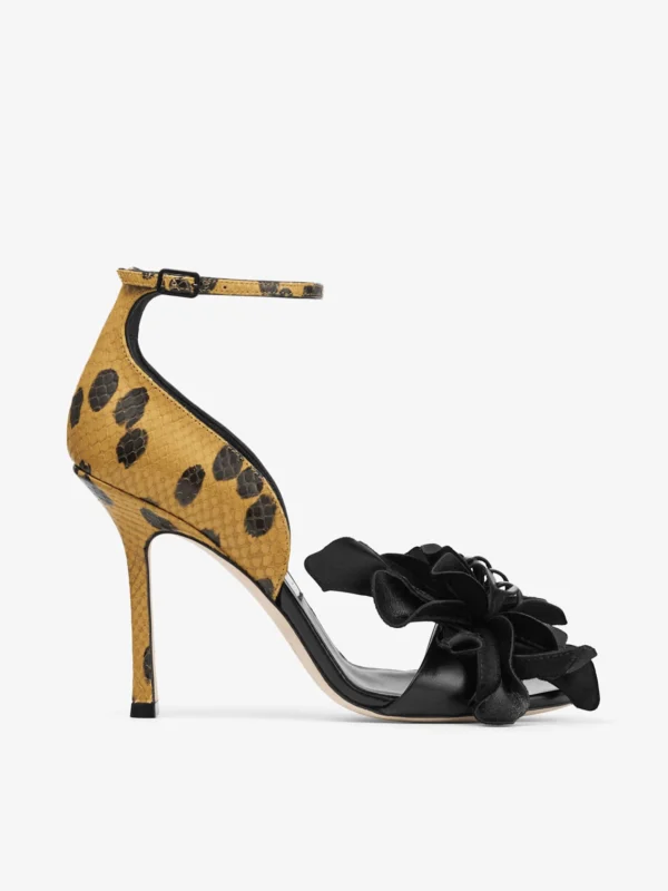 Jimmy Choo Coko 100 Black and Cigar Nappa and Spotty Elaphe Printed Leather Sandals with Floral Accent