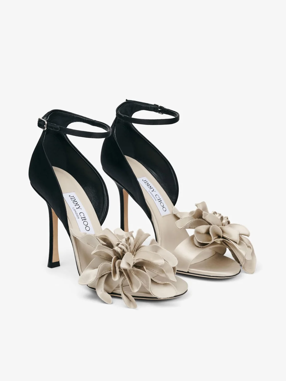 Back view of the Jimmy Choo Coko 100 Bone and Black Satin Sandals with Floral Accent