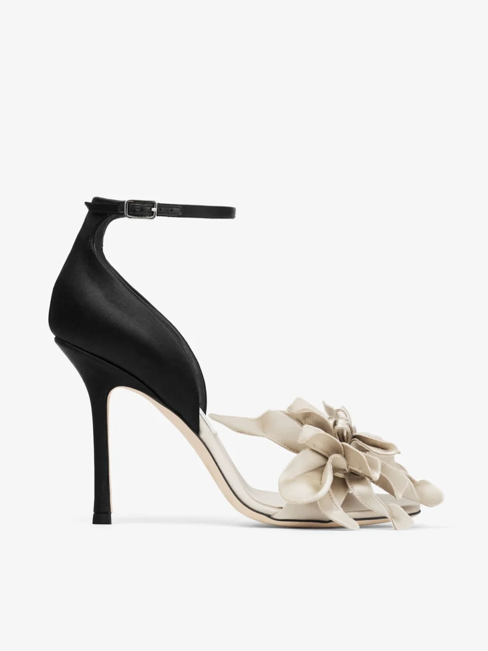 Jimmy Choo Coko 100 Bone and Black Satin Sandals with Floral Accent in bone