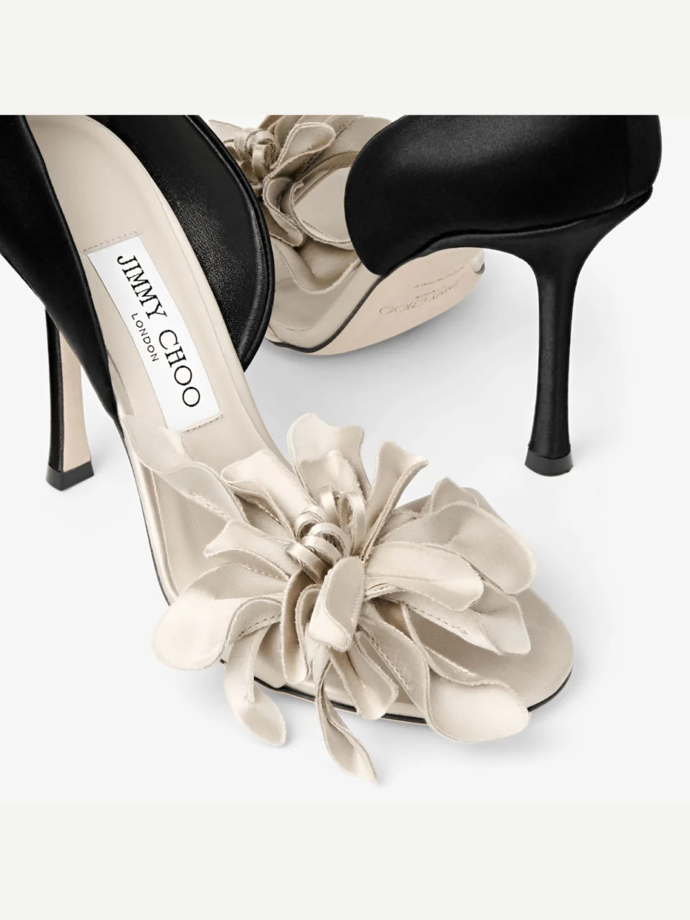 Jimmy Choo Coko 100 Bone and Black Satin Sandals with Floral Accent, another view