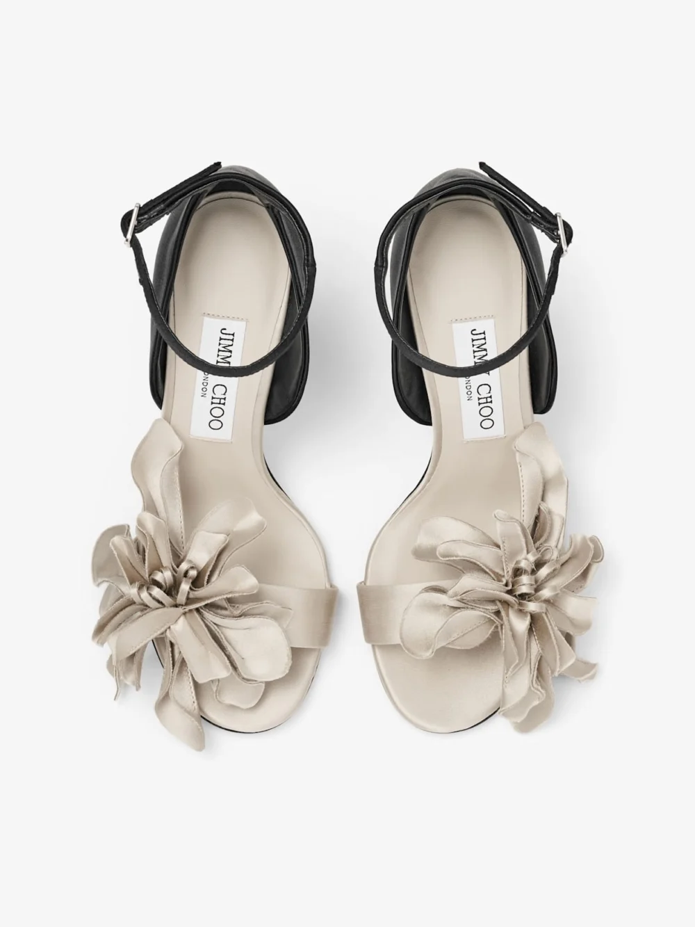 Jimmy Choo Coko 100 Bone and Black Satin Sandals with Floral Accent, another view