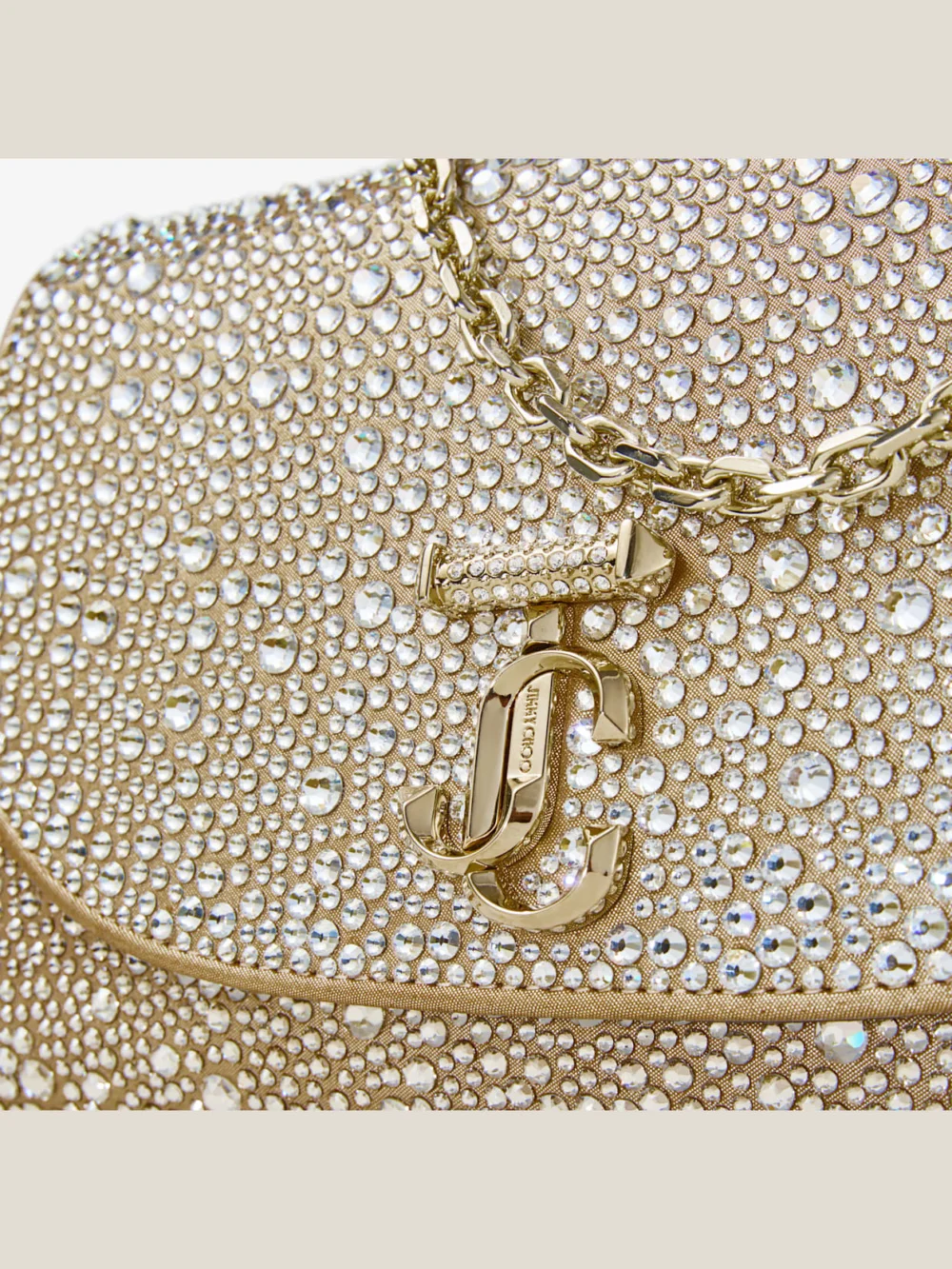 Back view of the Jimmy Choo Curve Clutch Gold Shimmer Suede Clutch Bag with Hotfix Crystals