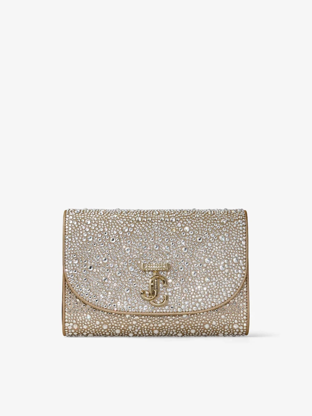 Jimmy Choo Curve Clutch Gold Shimmer Suede Clutch Bag with Hotfix Crystals in gold