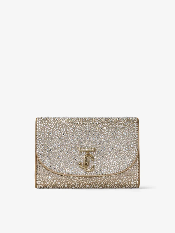 Jimmy Choo Curve Clutch Gold Shimmer Suede Clutch Bag with Hotfix Crystals