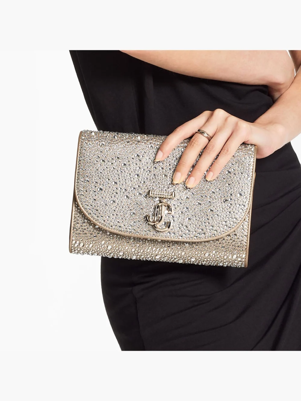 Side view of the Jimmy Choo Curve Clutch Gold Shimmer Suede Clutch Bag with Hotfix Crystals