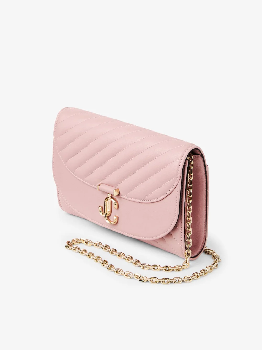 Close-up detail of the Jimmy Choo Curve Clutch Rose Quilted Biker Leather Clutch Bag