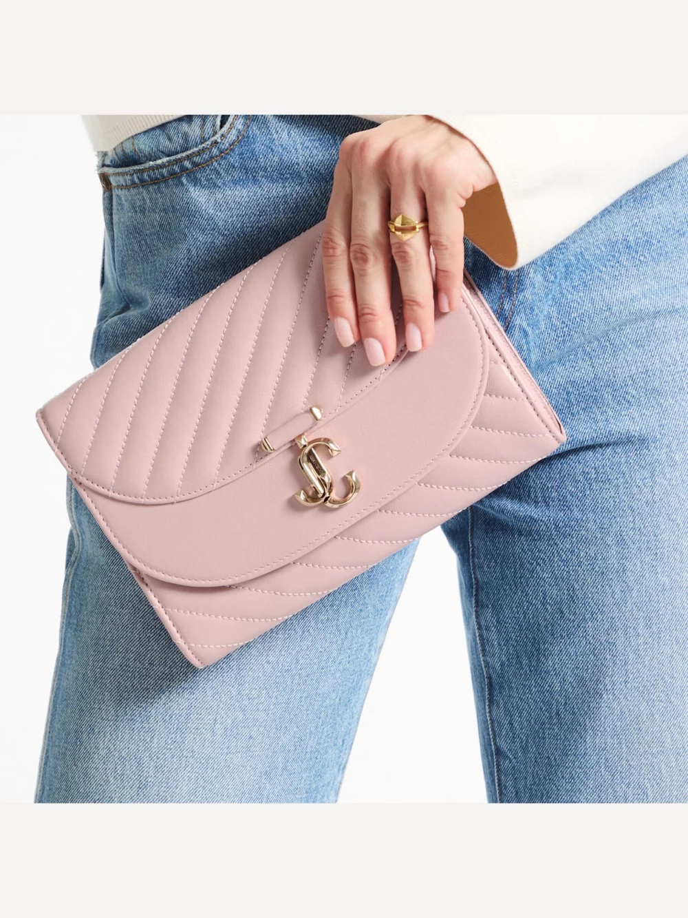 Side view of the Jimmy Choo Curve Clutch Rose Quilted Biker Leather Clutch Bag