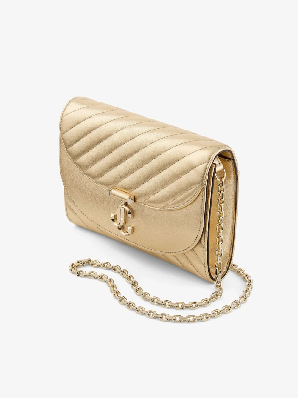 Close-up detail of the Jimmy Choo Curve Clutch Shiny Gold Quilted Metallic Leather Clutch with Chain
