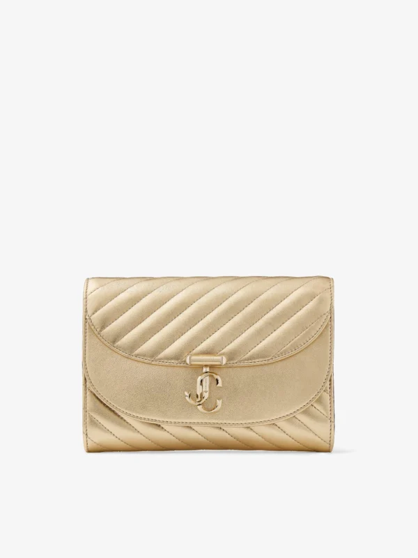 Jimmy Choo Curve Clutch Shiny Gold Quilted Metallic Leather Clutch with Chain