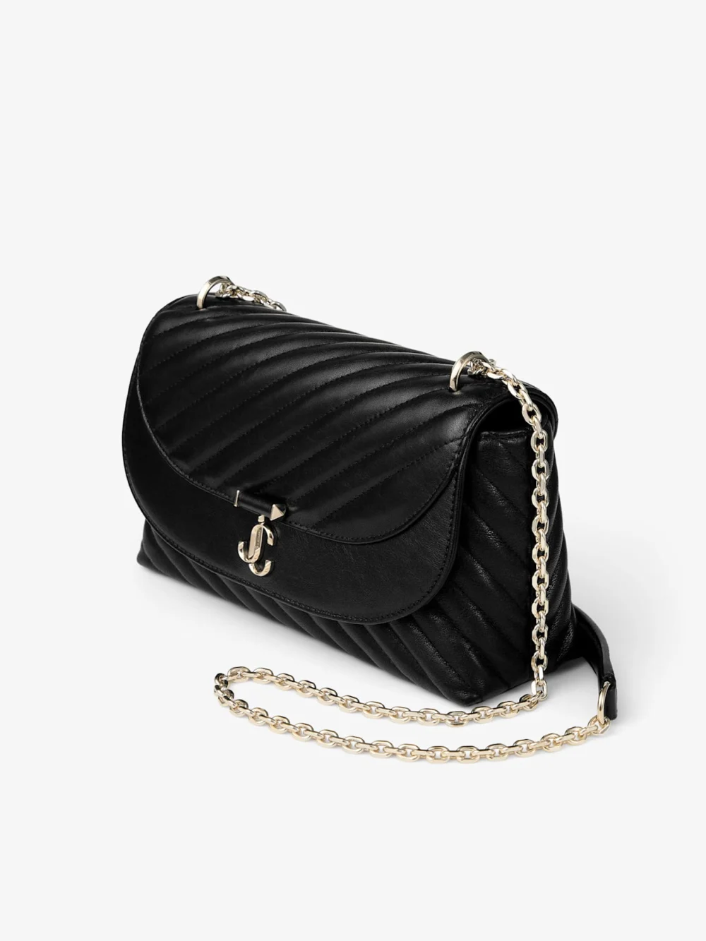 Close-up detail of the Jimmy Choo Curve Cross Body Medium Black Quilted Biker Leather Crossbody Bag