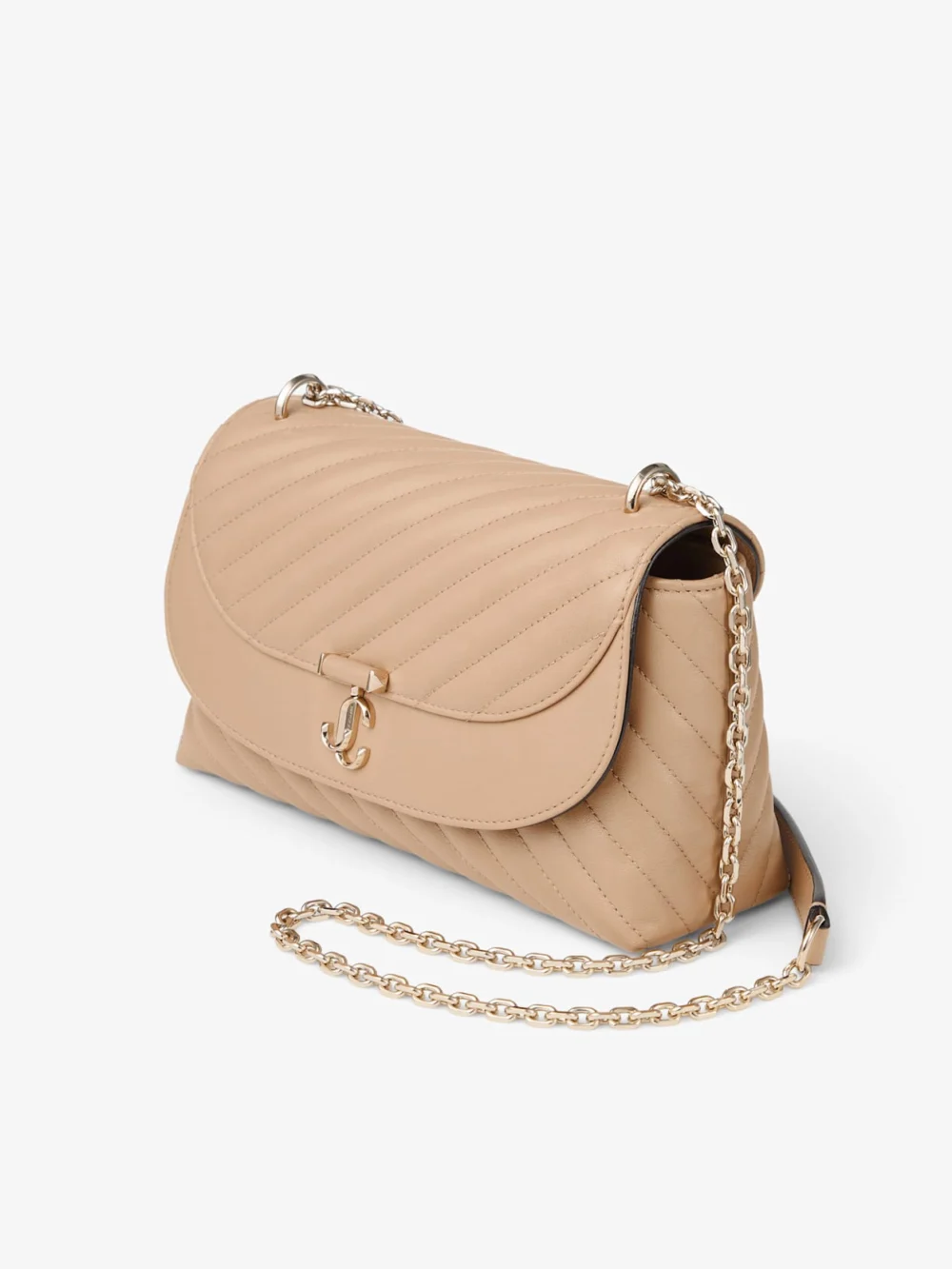 Close-up detail of the Jimmy Choo Curve Cross Body Medium Chai Quilted Biker Leather Crossbody Bag